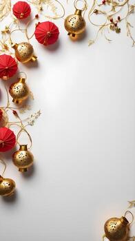 A minimalistic background featuring red and gold decorations like lanterns and coins, with ample room for text in the middle. photo