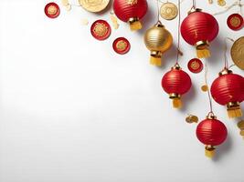 A basic background with red and gold accents, including small lanterns and coins, and plenty of room for text in the center. photo