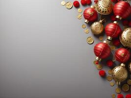 A simple backdrop with red and gold elements, including small lanterns and gold coins, creating space for text in the middle. photo
