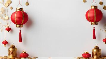 A subtle background with red and gold decorations, such as lanterns and gold coins, leaving a clear space in the center for text. photo