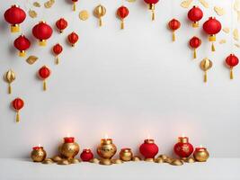 A clean design featuring red and gold accents, such as lanterns and coins, with an open area for text in the center. photo