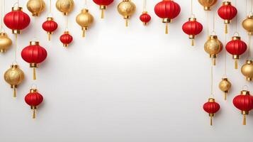 A minimalist background with red and gold decorations like small lanterns and gold coins, leaving space in the center for text. photo