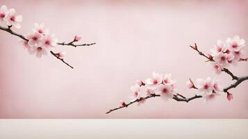 A peaceful scene with a delicate pink cherry blossom on textured rice paper, offering space for adding Chinese New Year wishes or branding. photo
