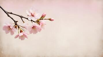 A tranquil image featuring a soft pink cherry blossom on textured rice paper, with surrounding space for Chinese New Year greetings or branding. photo
