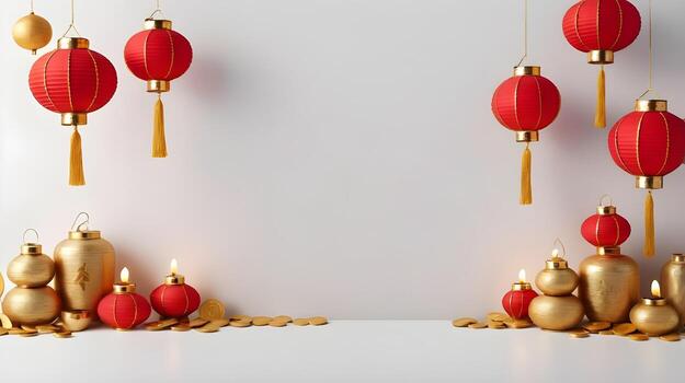 a simple background featuring just a few red and gold decorations such as small lanterns and gold coins, with space for text in the center. photo
