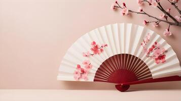 A timeless Chinese fan with cherry blossom details, set against a gentle beige and light red background, allowing space for text. photo
