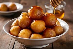 Sweet Lokma Turkish Pastry with Honey Drizzle in White Bowl photo