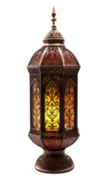 Elegant illuminated bronze lantern with intricate arabesque design against a plain white background png