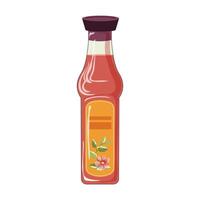 Red sauce in bottle in flat design. Condiment with tomatoes and herbs. illustration isolated. vector