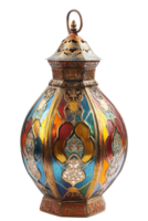A captivating image of a meticulously crafted colorful metal lantern on a pristine white background png