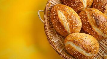 Top view of bread and rolls with sesame seeds on yellow background photo