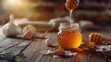 Honey dripping from a wooden honey dipper into a jar with fresh honey and garlic on a wooden background photo