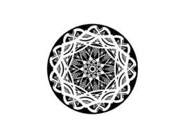 A circular, symmetrical geometric design composed of intricate hatching and linear patterns in black ink on a white background. png