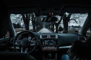 Driver's View of Narrow Road with Bare Trees and Snow Patches photo