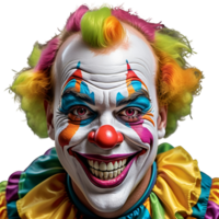 a clown face painted in bright colors with a smile on it's face and teeth, with a isolated background png