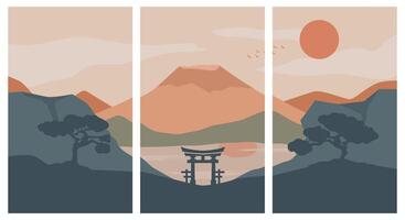 set of poster fuji mountain with tori gate and lake illustration design, bundle of template wallpaper or wall art vector