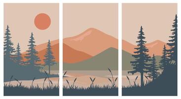 bundle poster lake with little island with view of mountains illustration design vector