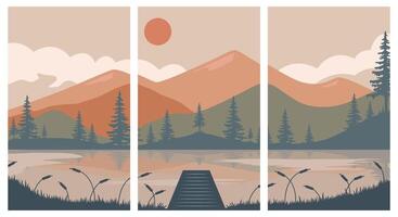 poster set of lake with mountains view illustration design vector