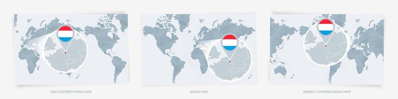 Three versions of the World Map with the enlarged map of Luxembourg with flag. vector