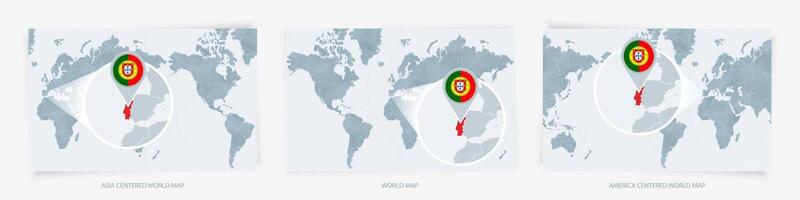 Three versions of the World Map with the enlarged map of Portugal with flag. vector