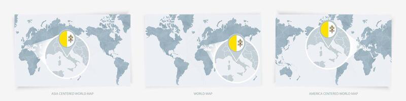 Three versions of the World Map with the enlarged map of Vatican City with flag. vector