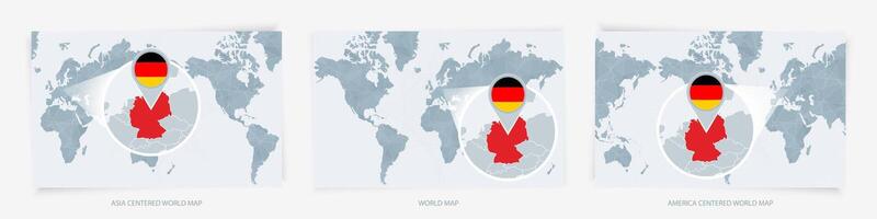Three versions of the World Map with the enlarged map of Germany with flag. vector