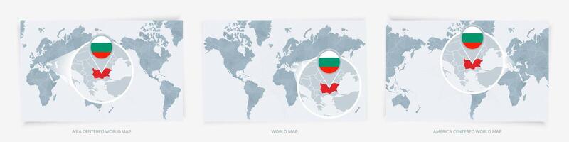 Three versions of the World Map with the enlarged map of Bulgaria with flag. vector