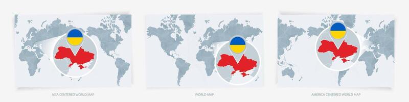 Three versions of the World Map with the enlarged map of Ukraine with flag. vector