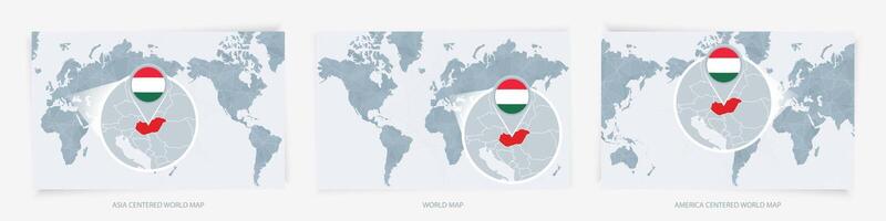 Three versions of the World Map with the enlarged map of Hungary with flag. vector