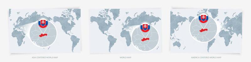 Three versions of the World Map with the enlarged map of Slovakia with flag. vector