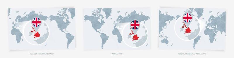 Three versions of the World Map with the enlarged map of United Kingdom with flag. vector