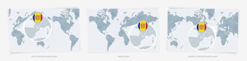 Three versions of the World Map with the enlarged map of Andorra with flag. vector