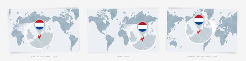 Three versions of the World Map with the enlarged map of Netherlands with flag. vector