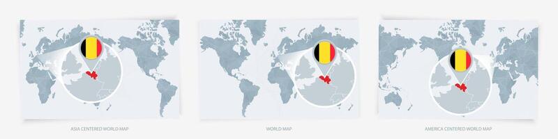 Three versions of the World Map with the enlarged map of Belgium with flag. vector