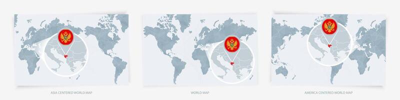 Three versions of the World Map with the enlarged map of Montenegro with flag. vector