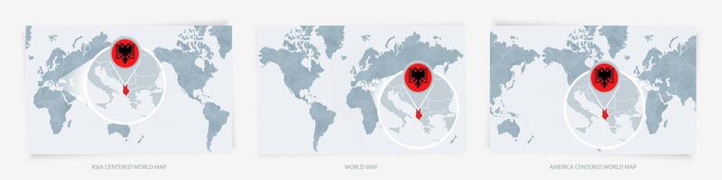 Three versions of the World Map with the enlarged map of Albania with flag. vector