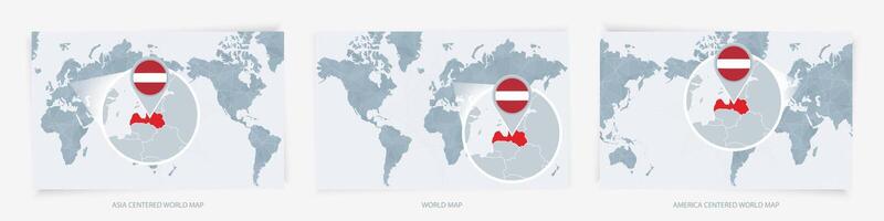 Three versions of the World Map with the enlarged map of Latvia with flag. vector