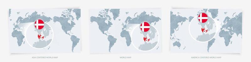 Three versions of the World Map with the enlarged map of Denmark with flag. vector