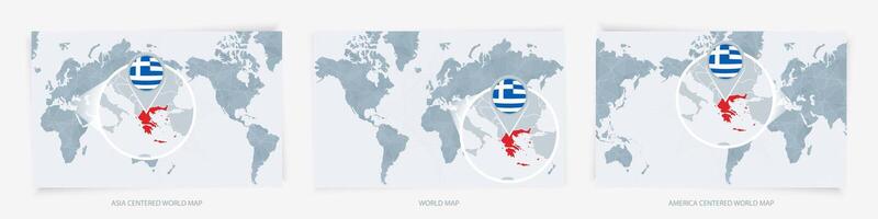Three versions of the World Map with the enlarged map of Greece with flag. vector