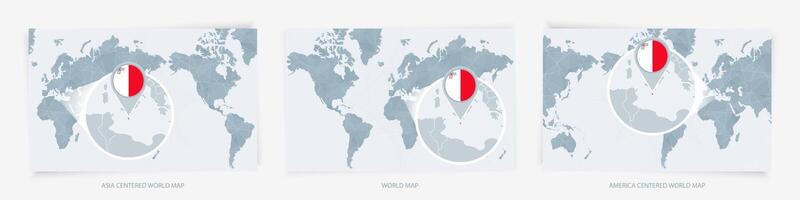 Three versions of the World Map with the enlarged map of Malta with flag. vector