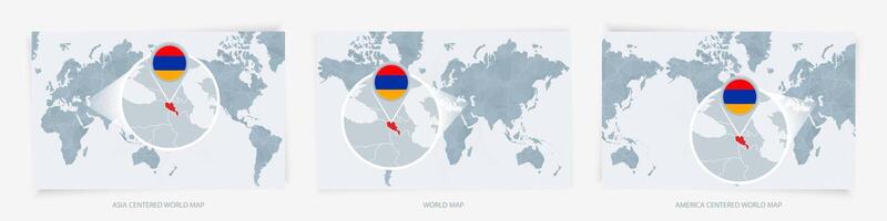 Three versions of the World Map with the enlarged map of Armenia with flag. vector