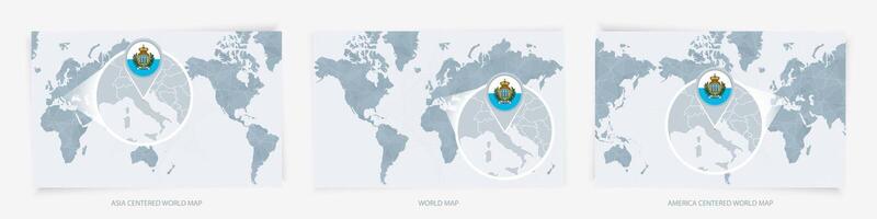 Three versions of the World Map with the enlarged map of San Marino with flag. vector