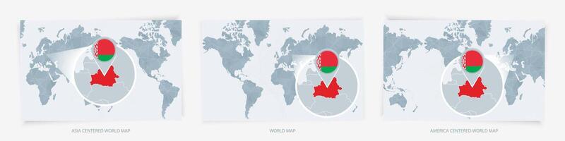 Three versions of the World Map with the enlarged map of Belarus with flag. vector
