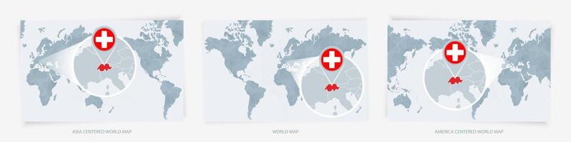 Three versions of the World Map with the enlarged map of Switzerland with flag. vector