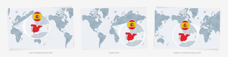 Three versions of the World Map with the enlarged map of Spain with flag. vector