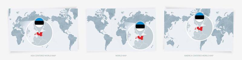 Three versions of the World Map with the enlarged map of Estonia with flag. vector