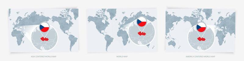 Three versions of the World Map with the enlarged map of Czech Republic with flag. vector
