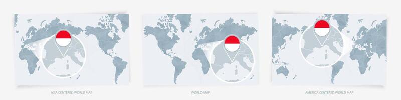 Three versions of the World Map with the enlarged map of Monaco with flag. vector