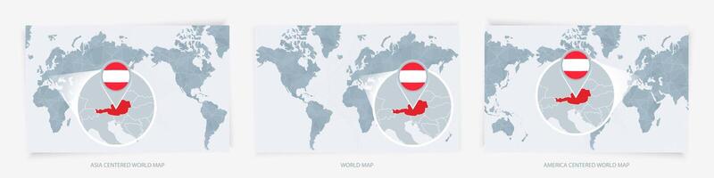 Three versions of the World Map with the enlarged map of Austria with flag. vector