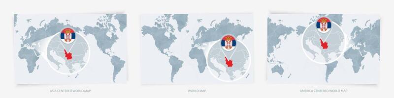 Three versions of the World Map with the enlarged map of Serbia with flag. vector